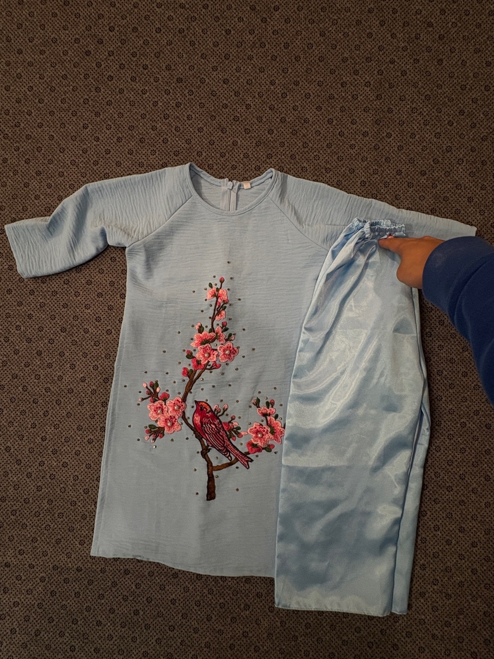 Girls Size 5 Blue Embroidered Bird & Cherry Blossom Dress set Ao Dai Vietnamese
